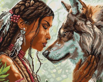 Soulbond - Counted Cross-Stitch Kit. Native Woman with Wolf in Nature Embroidery Pattern by Letistitch L9948