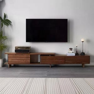 Solid walnut wood TV cabinet, compact shape, modern style, foldable.