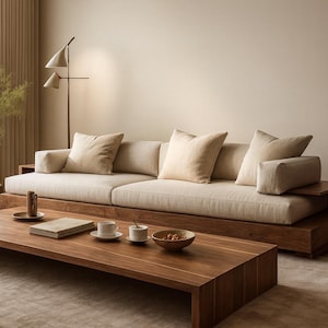Walnut wood sofa, long solid wood straight sofa, modern minimalist design.