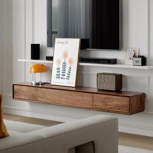 Floating walnut TV shelf, Rounded corner wall cabinet, Ultra-thin solid wood TV shelf