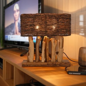 Rattan table lamp, Handmade bamboo night light, Wooden lamp for living room, tea room, bedroom, Solid wood base lamp