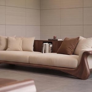 Wabi-Sabi Solid Wood Sofa, 3-seater Walnut Sofa, Mid-century Minimalist Style, Apartment-Friendly Sofa.