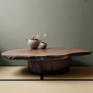 Wabi-Sabi solid wood tea table, Japanese style low coffee table, Organic minimalist living room furniture.