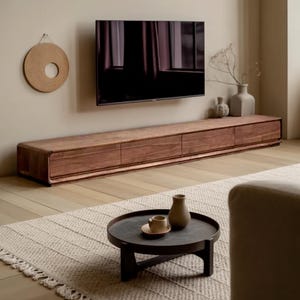 Solid wood TV shelf, Minimalist multimedia console in Nordic walnut, Natural low cabinet for modern living room.