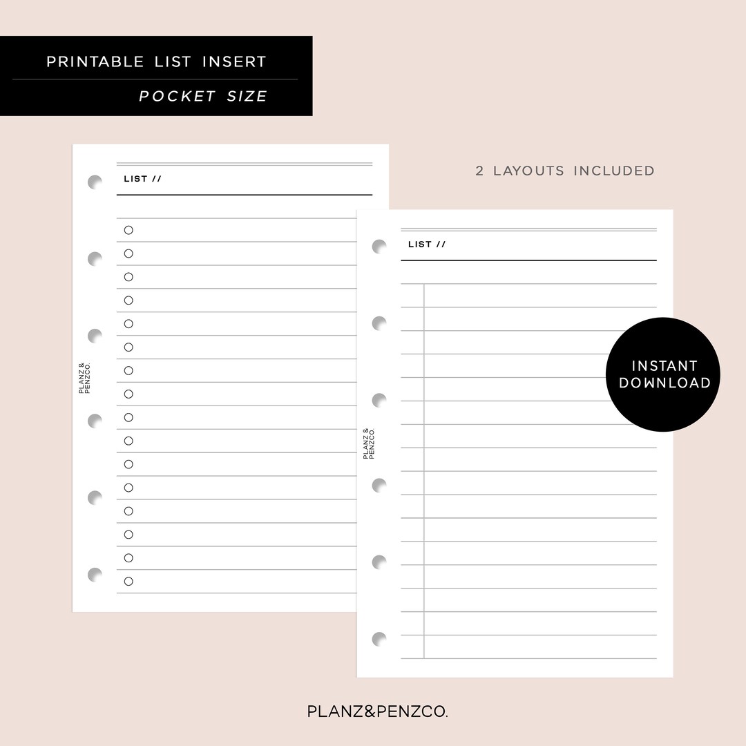 Printable List Insert Pocket Size to Do List Pocket List Pocket Lists ...