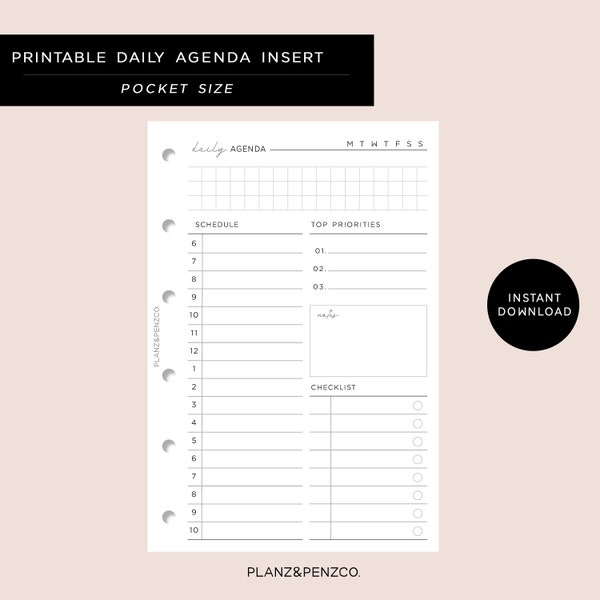 Daily on 1 page (DO1P) | Undated Daily Pocket Planner Insert | Daily Schedule | Daily Agenda Printable | POCKET printable | Digital Insert