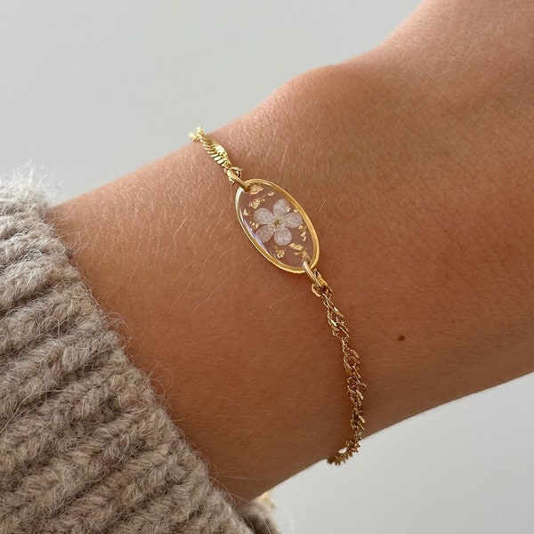 Weißes Vergissmeinnicht Armband „Ella Oval mit Goldstaub“, Schmuck Gold, Geschenk