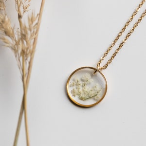 Necklace "Malea" with small white real flowers, gift, gold