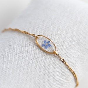 Bracelet “Kitty” with real forget-me-not, jewelry, Christmas gift, woman, gold