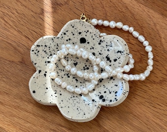 Jewelry dish ceramic flower black speckled, gift, wedding ring dish