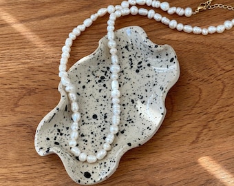 Jewelry dish ceramic wave black speckled, ring dish, gift