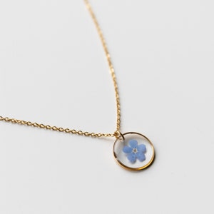 Necklace "Pia" with real forget-me-not, gold, jewelry, birthday gift, woman