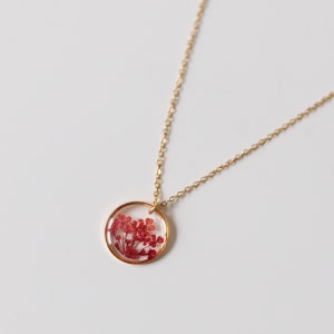 “Malea Red” necklace with small real flowers, gold jewelry, birthday gift