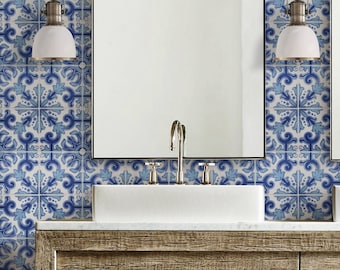 Blue Moroccan Tile Repositionable Removable Wallpaper, Peel & Stick Fabric Wallpaper, Spanish Portuguese Azulejo Tile, PVC Free, #8