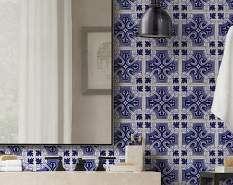 Blue Moroccan Tile Repositionable Removable Wallpaper, Peel & Stick Fabric Wallpaper, Mexican, Spanish, Portuguese, Azulejo Tile #5