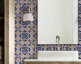 Blue Yellow Moroccan Tile Repositionable Removable Wallpaper, Peel & Stick Fabric Wallpaper, Mexican, Spanish, Portuguese, Azulejo Tile #2