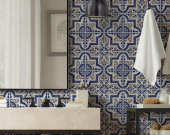 Papel tapiz removible reposicionable con azulejos marroquíes de color azul y amarillo, papel tapiz de tela despegable y adherible, mexicano, español, portugués, azulejo