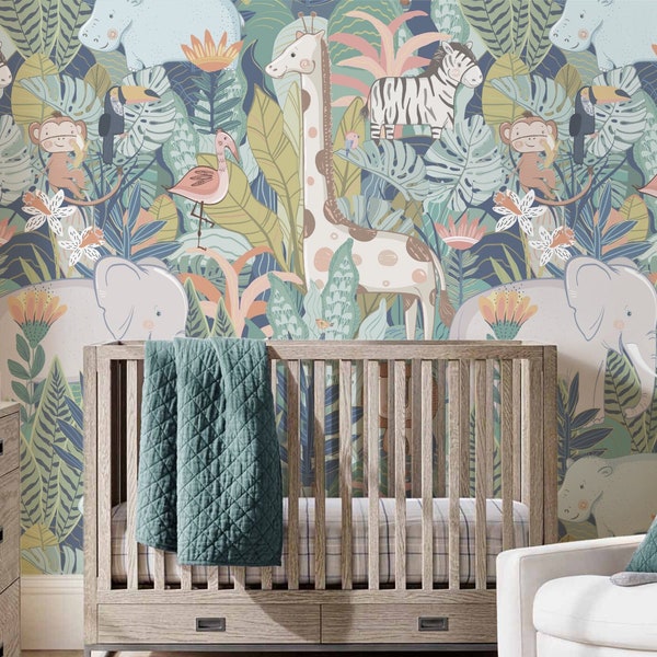 Jungle Repositionable Wallpaper, Peel & Stick Wallpaper, Self Adhesive Fabric Wallpaper, Girl's, Boy's Nursery Wall Decor, Vinyl Free #418