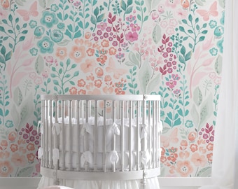 Floral Repositionable Wallpaper, Peel & Stick Wallpaper, Self Adhesive Fabric Wallpaper, Girl&#39;s Room or Nursery Wall Decor, Vinyl Free #215