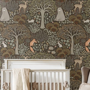Forest Animals Self-Adhesive Repositionable Removable Wallpaper, Peel & Stick Fabric Wallpaper for Kid's Room, Vinyl Free Non-Toxic, 629B