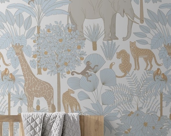 Självhäftande, avtagbar tapet med vintage-motiv, safaridjur, självhäftande och självhäftande tygtapet för barnrum, vinylfri, giftfri #659L