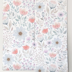 May include: A seamless floral pattern wallpaper with a white background and a variety of pastel flowers, including pink, blue, and purple. The pattern repeats every 48 inches. The pattern repeat can be adjusted upon request.