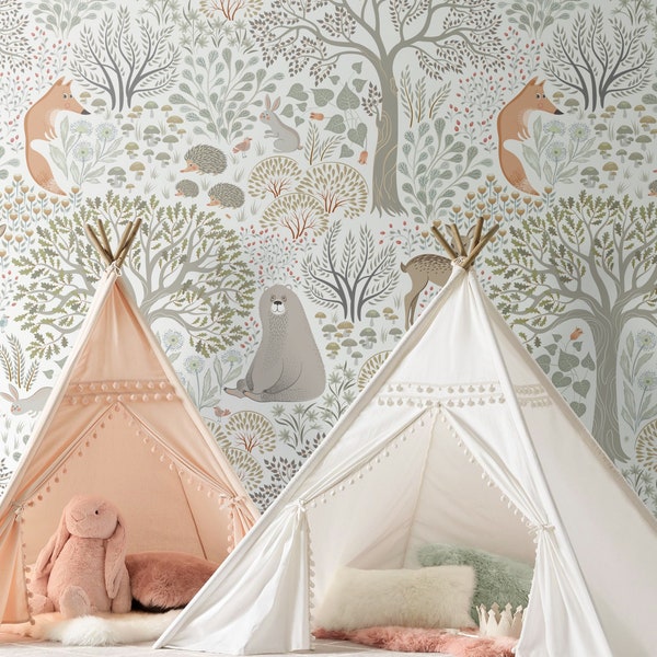 Forest Animals Self-Adhesive Repositionable Removable Wallpaper, Peel & Stick Fabric Wallpaper for Kid's Room, Vinyl Free Non-Toxic, 629