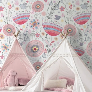 Papier peint floral Peel & Stick Fabric, papier peint repositionnable, papier peint floral auto-adhésif pour pépinière et chambre de fille, PVC gratuit # 535