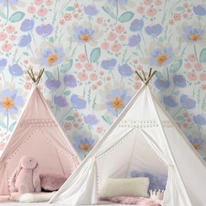 Papier peint floral Peel & Stick Fabric, papier peint repositionnable, papier peint floral autocollant pour pépinière et chambre de fille, PVC gratuit # 578