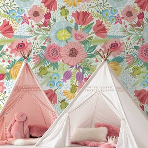 Papier peint floral Peel & Stick Fabric, papier peint repositionnable, papier peint floral auto-adhésif pour pépinière et chambre de fille, PVC gratuit # 584