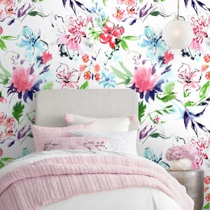 Watercolor Floral Repositionable Wallpaper, Peel & Stick Wallpaper, Self Adhesive Fabric Wallpaper for Girl&#39;s Room or Nursery Vinyl Free 158