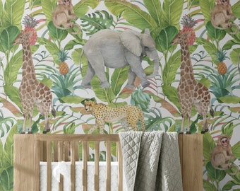 Jungle Animals Repositionable Wallpaper, Peel & Stick Fabric Wallpaper for Girl's or Boy's Room, Nursery Wall Decor, Vinyl Free #431