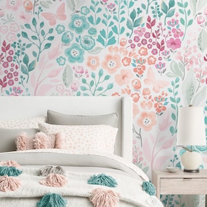 Floral Repositionable Wallpaper, Peel & Stick Wallpaper, Self Adhesive Fabric Wallpaper, Girl's Room or Nursery Wall Decor, Vinyl Free #215