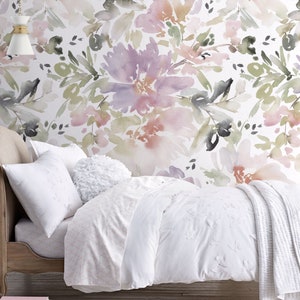 Watercolor Floral Repositionable Wallpaper, Peel & Stick Wallpaper, Self Adhesive Fabric Wallpaper for Girl&#39;s Room or Nursery Vinyl Free 312