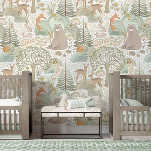 Forest Animals Self-Adhesive Repositionable Removable Wallpaper, Peel & Stick Fabric Wallpaper for Kid's Room, Vinyl Free Non-Toxic, 648