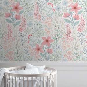 Floral Peel & Stick Fabric Wallpaper, Repositionable Wallpaper, Self Adhesive Floral Wallpaper for Nursery or Girl&#39;s Room, PVC Free #621