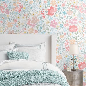 Floral Peel & Stick Fabric Wallpaper, Repositionable Wallpaper, Self Adhesive Floral Wallpaper for Nursery or Girl's Room, PVC Free #625