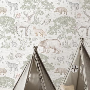 Forest Animals Self-Adhesive Repositionable Removable Wallpaper, Peel & Stick Fabric Wallpaper for Kid's Room, Vinyl Free Non-Toxic, #660