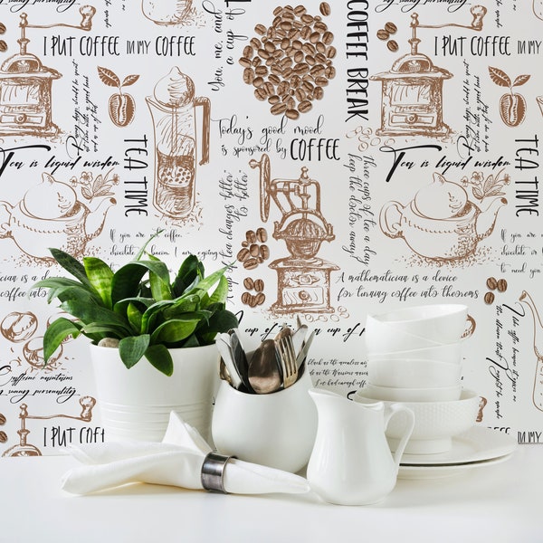 Coffee Themed Wallpaper, Peel & Stick Fabric Wallpaper, Repositionable, Hand Drawn Removable Fabric Wallpaper, PVC Free, Non Toxic #603