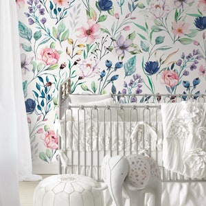Watercolor Floral Repositionable Wallpaper, Peel & Stick Wallpaper, Self Adhesive Fabric Wallpaper for Girl&#39;s Room or Nursery, Vinyl Free 52
