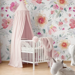Floral Peel & Stick Fabric Wallpaper, Repositionable Wallpaper, Self Adhesive Floral Wallpaper for Nursery and Girl's Room, PVC Free #170