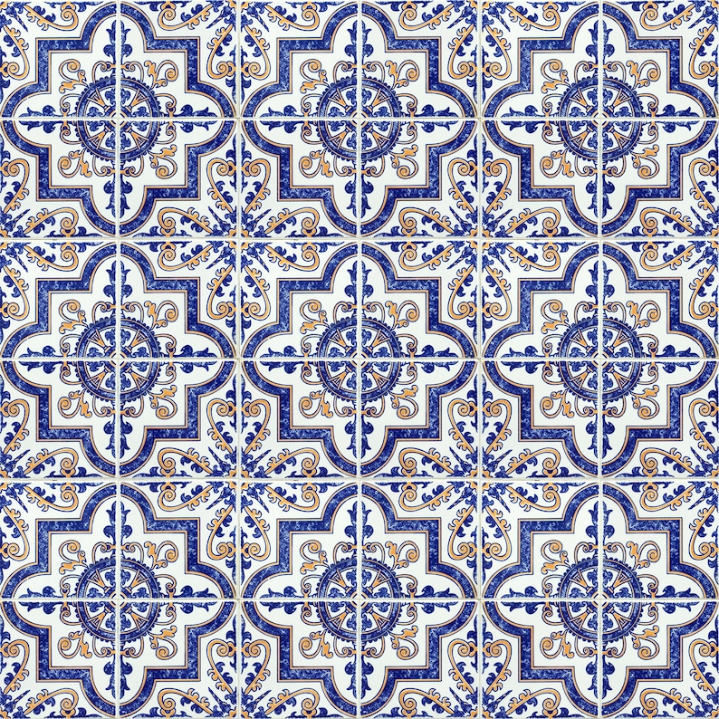 Blue Yellow Moroccan Tile Repositionable Removable Wallpaper Etsy UK
