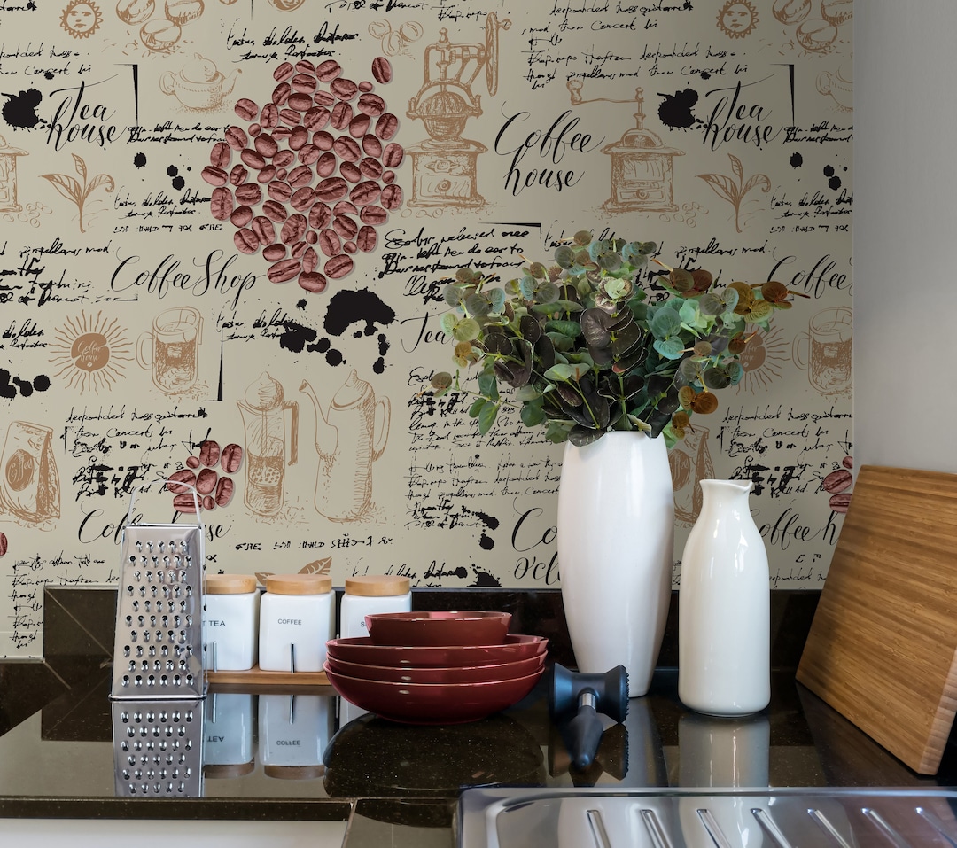 Coffee Themed Wallpaper, Peel & Stick Fabric Wallpaper, Repositionable