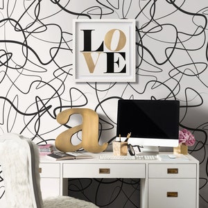 Abstract Line Art Peel and Stick Fabric Wallpaper, Design contemporaneo Carta da parati in tessuto rimovibile autoadesivo, senza PVC, non tossico # 284