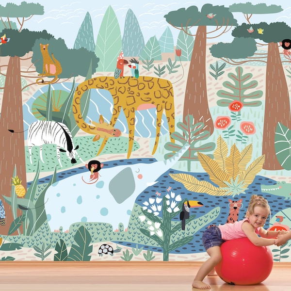 Jungle Mural Repositionable Removable Fabric Wallpaper, Peel & Stick Self Adhesive Fabric Wallpaper for Kids Room, PVC Free, Non Toxic #537M