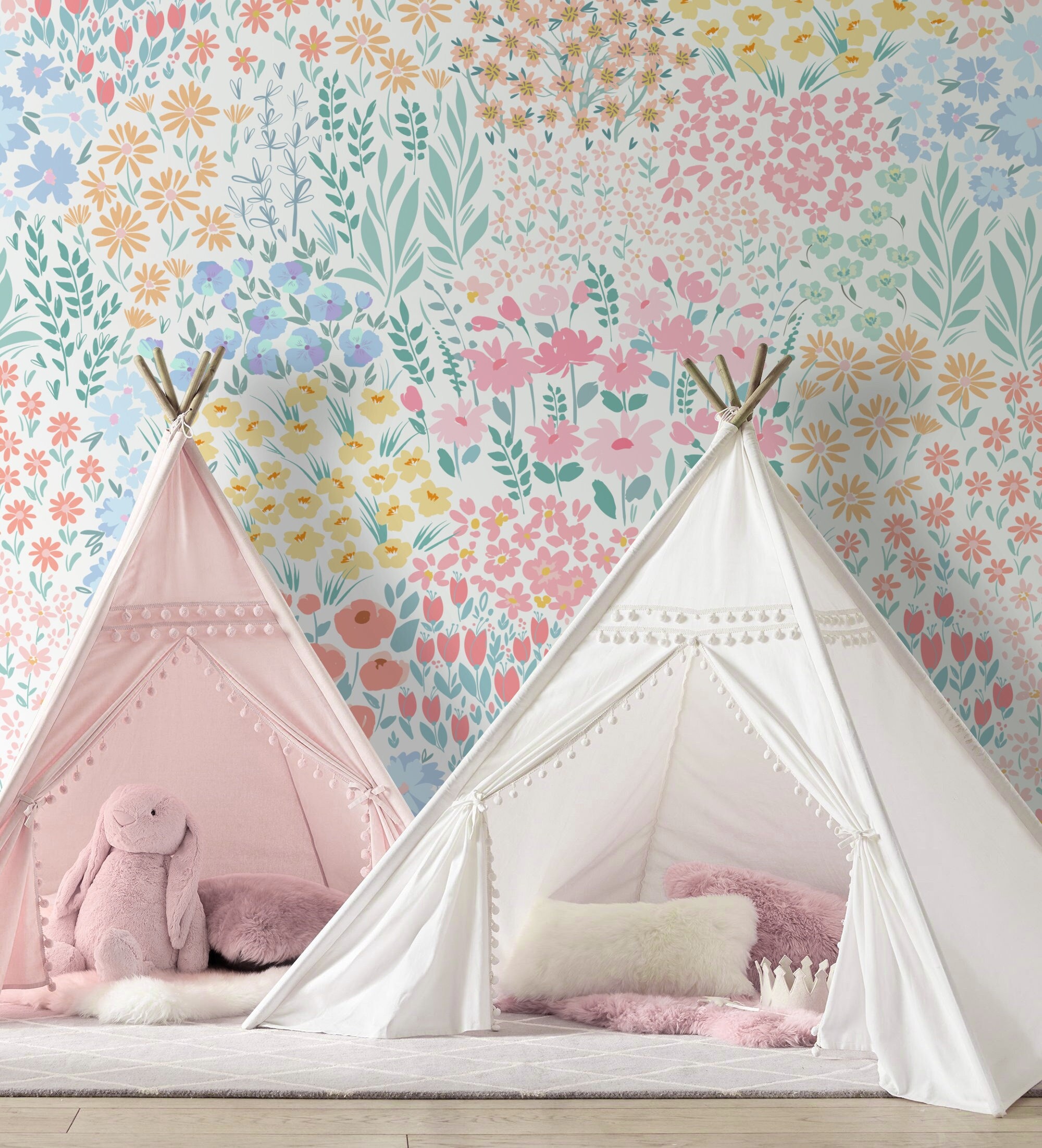 Floral Peel & Stick Fabric Wallpaper, Repositionable Wallpaper, Self Adhesive Floral Wallpaper for Nursery or Girl's Room, PVC Free #592