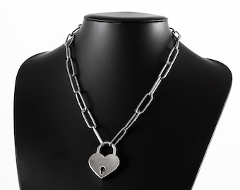 Halskette mit Schloss Herz Choker Vorhängeschloss Kette 90er Jahre silber Chain Padlock mit Schlüssel Männer Frauen