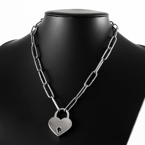 Halskette mit Schloss Herz Choker Vorhängeschloss Kette 90er Jahre silber Chain Padlock mit Schlüssel Männer Frauen