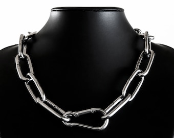 Halskette Choker Edelstahl, Statement, Unisex Queer, Punk, Grunge, Alternative, Industrie, Biker Kette, Gliederkette mit Karabiner, Chunky