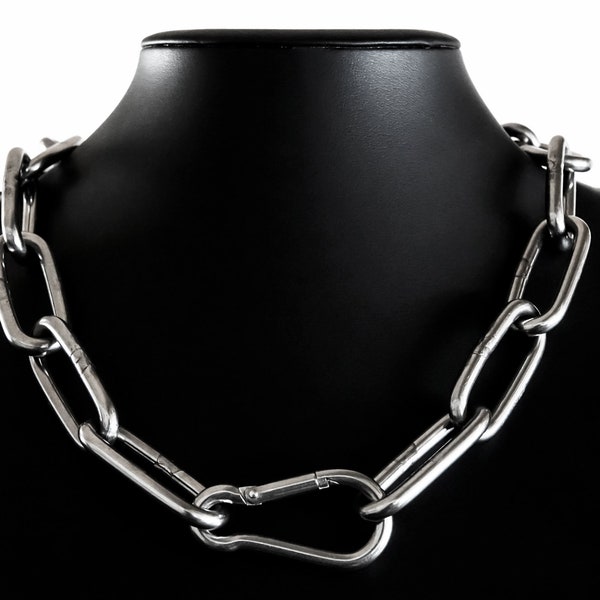 Collier ras du cou en acier inoxydable, déclaration, unisexe queer, punk, grunge, alternatif, industriel, chaîne de motard, chaîne à maillons avec mousqueton, chunky